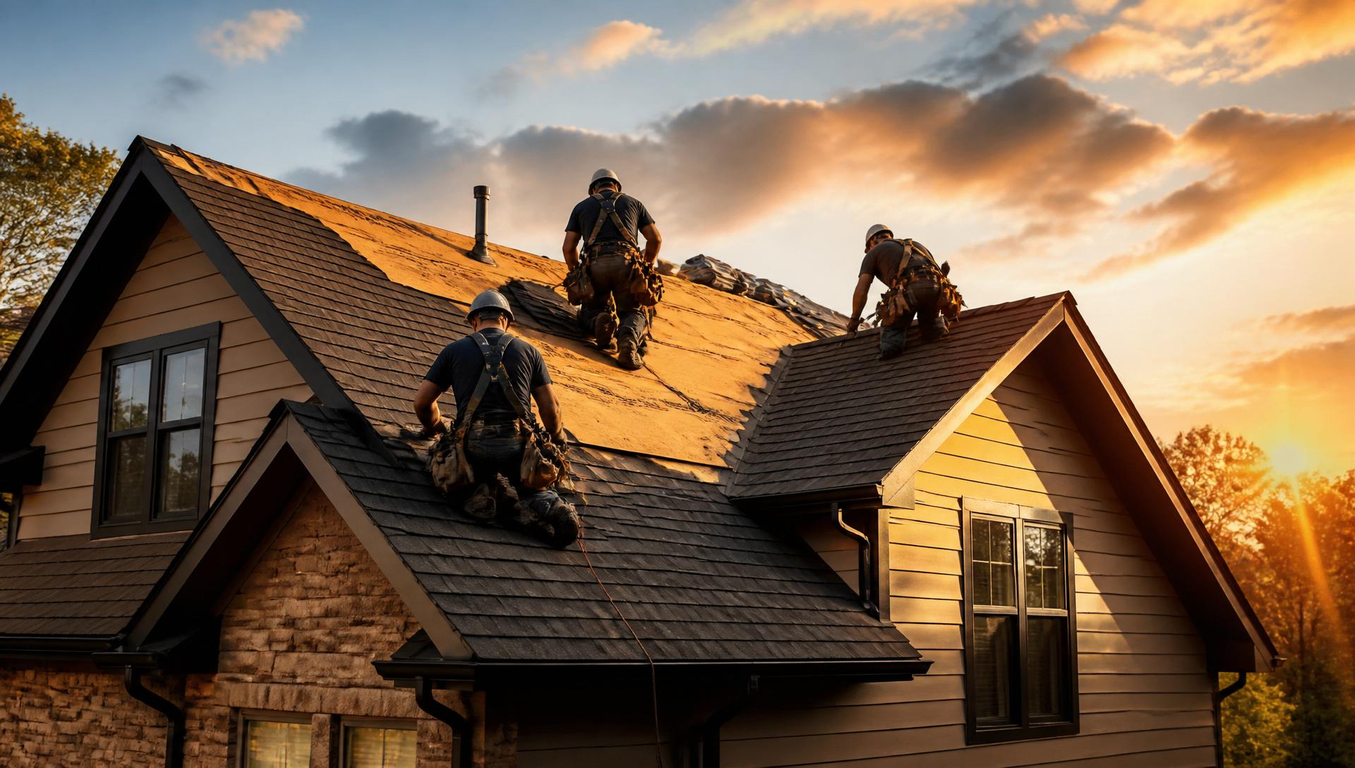 Professional roofing crew installing a residential roof at sunset
